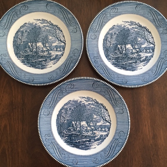 Blue And Currier And Ives Plates The Old Grist Mill Vintage Currier Ives  Dinner Plates
